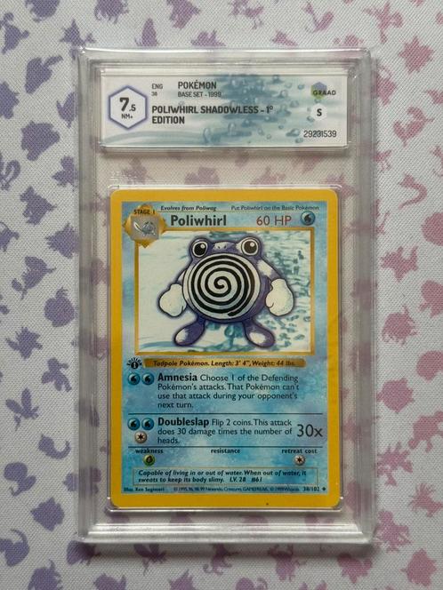Pokémon Base Set Poliwhirl 1st ED Shadowless Graad 7.5 NM+, Hobby en Vrije tijd, Verzamelkaartspellen | Pokémon, Nieuw, Losse kaart