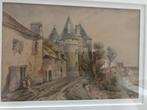 aquarel frans stadsgezicht uitzicht op kasteel, Antiek en Kunst, Kunst | Schilderijen | Klassiek, Ophalen of Verzenden