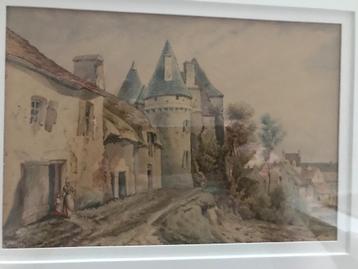 aquarel frans stadsgezicht uitzicht op kasteel beschikbaar voor biedingen