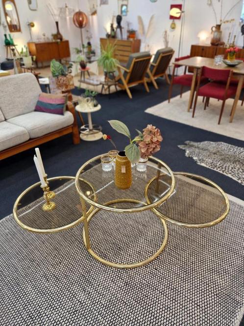 Vintage double swivel coffee table messing rookglas, Huis en Inrichting, Tafels | Salontafels, Gebruikt, Minder dan 50 cm, 50 tot 100 cm