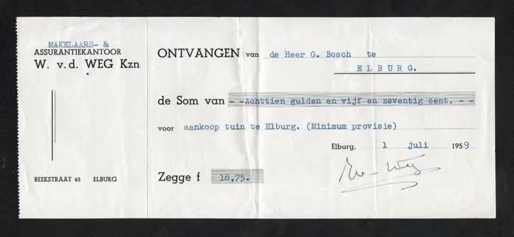 Elburg Nota Ontvangstbewijs Ass. Kantoor W. v.d. Weg 1959., Verzamelen, Ophalen of Verzenden, Zo goed als nieuw