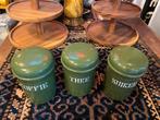 Donkergroen emaille koffie thee suiker blikken, Antiek en Kunst, Antiek | Emaille, Ophalen of Verzenden
