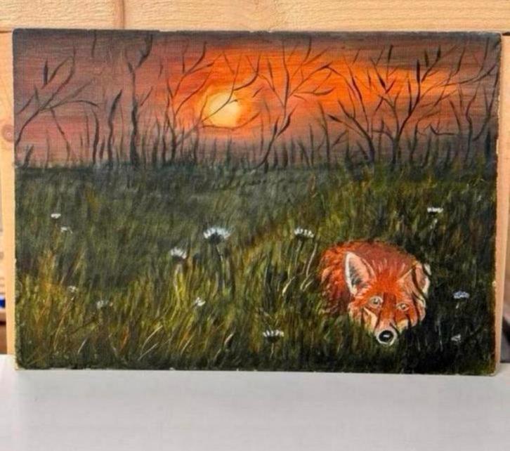 Mooi schilderij, Zonsondergang vos - Joca Beeby 1980 art, Antiek en Kunst, Kunst | Schilderijen | Modern, Ophalen of Verzenden