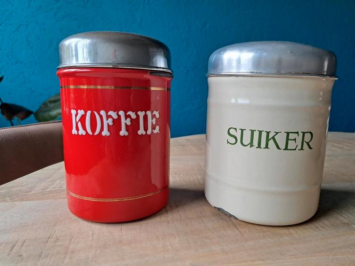Vintage emaille Koffie & Suiker potten, Antiek en Kunst, Antiek | Emaille, Ophalen of Verzenden