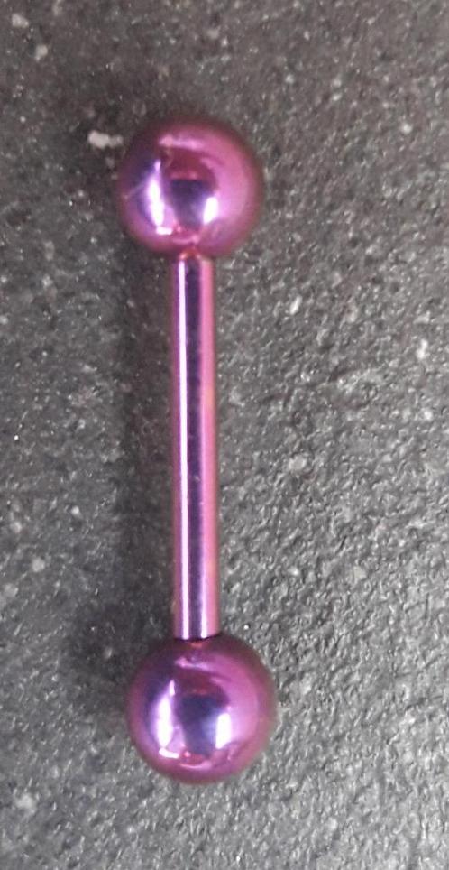 Paarsroze titanium (tong)piercing (barbell), 1,6 x 12 mm., Sieraden, Tassen en Uiterlijk, Piercings, Nieuw, Tongpiercing, Ophalen of Verzenden