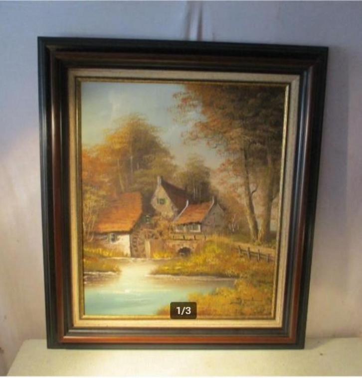 Mooi Geschilderd Werk 'Watermolen bij het Bos' - gesigneerd, Antiek en Kunst, Kunst | Schilderijen | Klassiek, Ophalen of Verzenden