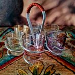 Vintage!Mooie set-6 borrelglaasjes in houder- Gekleurd glas., Ophalen of Verzenden, Borrel- of Shotglas, Zo goed als nieuw