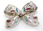 Schitterende Antiek Zilver Filigrein Emaille Strik Broche, Verzenden, Zilver, Broche