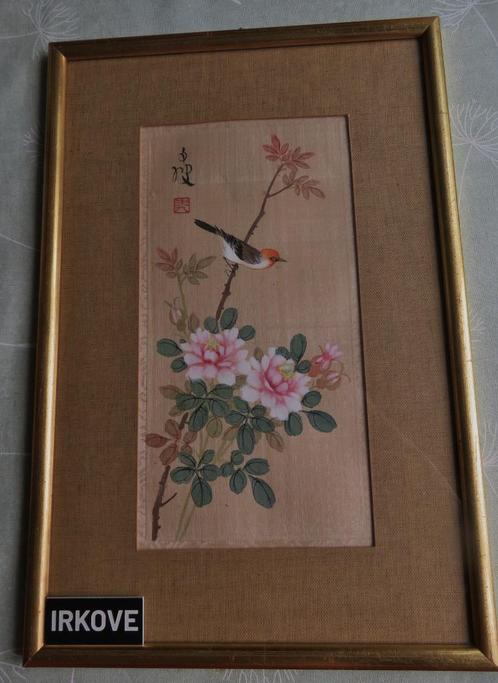 GESCHILDERD OP ZIJDE VOGEL OP TAK * In Lijst *, Antiek en Kunst, Kunst | Niet-Westerse kunst, Verzenden