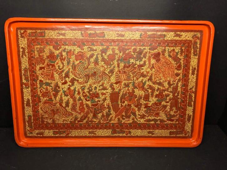 38) Oud Birmaans lakwerk dienblad., Huis en Inrichting, Woonaccessoires | Dienbladen, Gebruikt, Hout, Rechthoekig, Ophalen of Verzenden