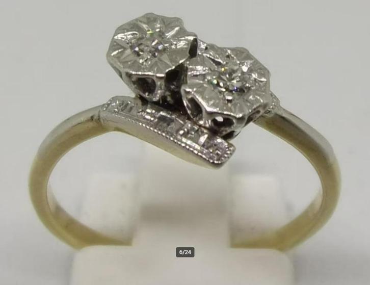 Zeldzame gouden en platina ring met Diamant, Art Deco, 1920, Sieraden, Tassen en Uiterlijk, Antieke sieraden, Ring, Goud, Met edelsteen