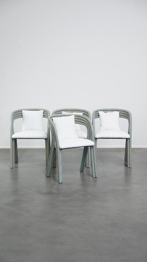 4 x Vintage design eetkamerstoel van Axel Enthoven voor Rohé, Huis en Inrichting, Stoelen, Gebruikt, Vier, Hout, Stof, Wit, Ophalen