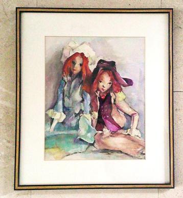 Aquarel - 2 poppen - gesigneerd en gedateerd 1973 beschikbaar voor biedingen