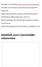 3 x 20 euro korting per code via Restaurant Dinercheque, Tickets en Kaartjes, Twee personen, Kortingsbon, Overige typen