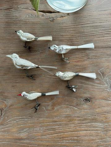 5 oude antieke kerstballen, glazen vogels op knijper beschikbaar voor biedingen