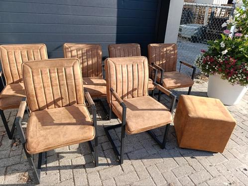 6 Stoelen met Poef - Industrieel Design, Huis en Inrichting, Stoelen, Gebruikt, Vijf, Zes of meer stoelen, Metaal, Stof, Bruin