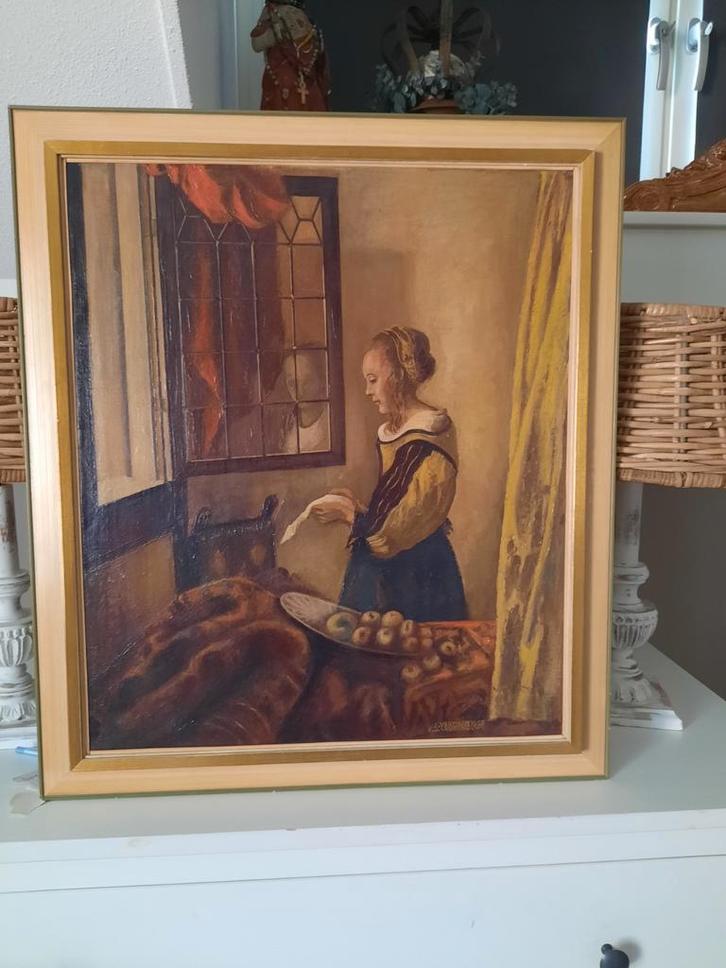 Schilderij "Brieflezende vrouw" naar Vermeer, gesigneerd, Antiek en Kunst, Kunst | Schilderijen | Klassiek, Ophalen