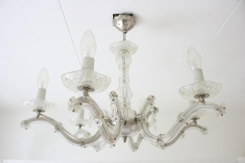 Zesarmige kroonluchter, Huis en Inrichting, Lampen | Kroonluchters, Gebruikt, Glas, Kunststof, Metaal, Ophalen of Verzenden
