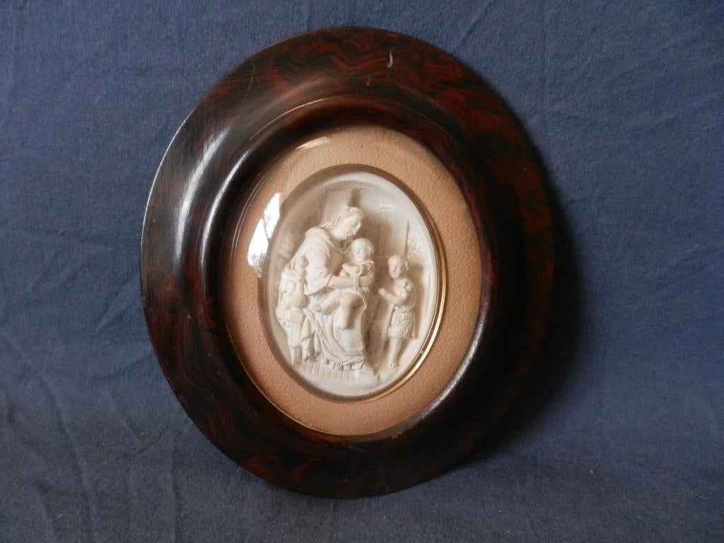 Ovaal sculptuur Maria met kind, gips, houten lijst, 19e eeuw, Ophalen of Verzenden