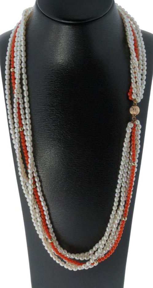 Parel met bloedkoraal ketting 14k gouden slot en bollen, Sieraden, Tassen en Uiterlijk, Antieke sieraden, Ketting, Goud, Met edelsteen