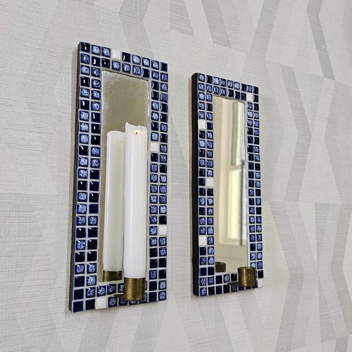 Vintage Deense Wand kandelaren met spiegel en blauw mozaiek, Antiek en Kunst, Antiek | Kandelaars, Overige materialen, Ophalen of Verzenden