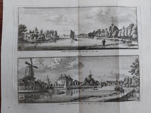 265-268 / Dorp Oudshoorn en Zwammerdam langs de Rijn te zien, Antiek en Kunst, Kunst | Etsen en Gravures, Ophalen of Verzenden