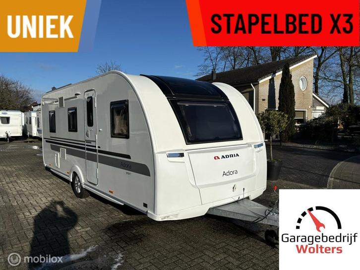 Adria 573 PT 3x stapelbed panorama dakluik garage douchecab., Caravans en Kamperen, Caravans, Bedrijf, meer dan 6, 1250 - 1500 kg