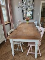 Robuuste eikenhouten eettafel (270x100 cm) met 9 stoelen, Ophalen, Zo goed als nieuw