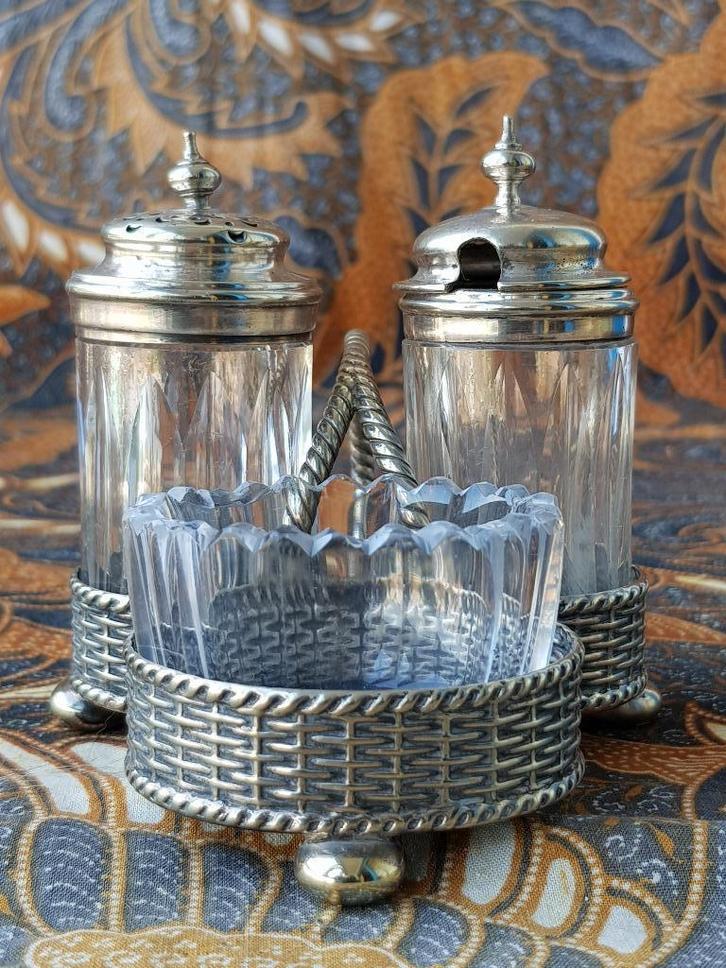 Mooi antiek Engels peper, zout en mosterd in houder uit 1900, Antiek en Kunst, Antiek | Woonaccessoires, Ophalen of Verzenden