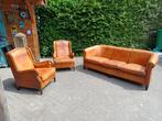 Schapenleren 3 zitbank, 2 schapenleder fauteuils, Gebruikt, Schaapsleer Chesterfield, Driepersoons, Ophalen of Verzenden