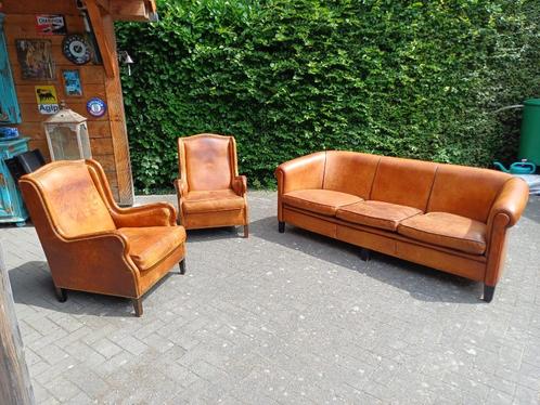 Schapenleren 3 zitbank, 2 schapenleder fauteuils, Huis en Inrichting, Banken | Bankstellen, Gebruikt, Rechte bank, Driepersoons