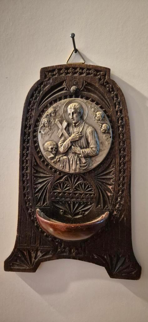Houten Wijwaterbakje met Heilige Afbeelding, Antiek en Kunst, Antiek | Religie, Ophalen of Verzenden