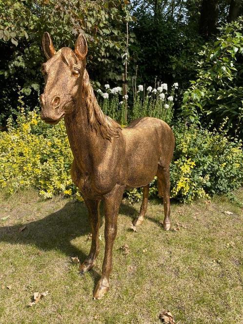 (Tuin)Beeld Paard, goud, tuin, gazon, manege, 100cm, Tuin en Terras, Tuinbeelden, Nieuw, Dierenbeeld, Kunststof, Ophalen