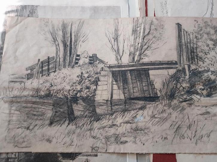Originele tekening van brug over een sloot..F.A v Oostveen, Antiek en Kunst, Kunst | Tekeningen en Foto's, Ophalen of Verzenden