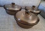 3 Vintage Acropal ovenschalen + deksels, rookglas, 21x9 cm, Huis en Inrichting, Ophalen, Zo goed als nieuw, Glas, Overige typen