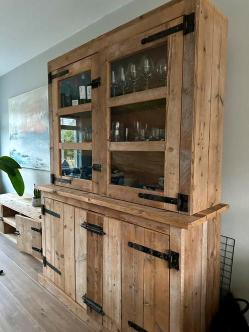 Grote 2-delige steigerhouten kast, met echt glas, Huis en Inrichting, Kasten | Televisiemeubels, Nieuw, 200 cm of meer, 25 tot 50 cm