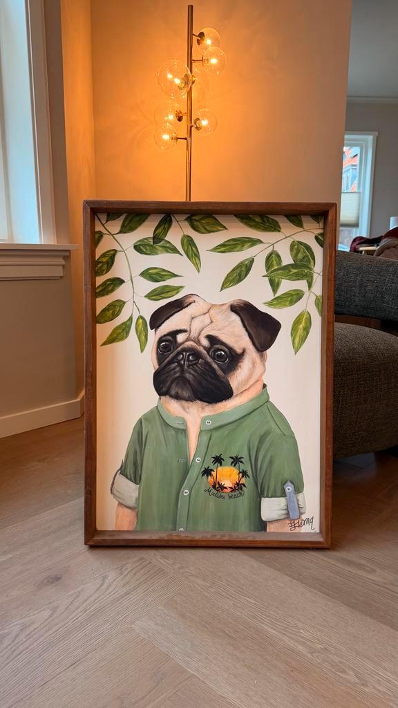 Honden portret in houten frame, Antiek en Kunst, Kunst | Schilderijen | Modern, Ophalen