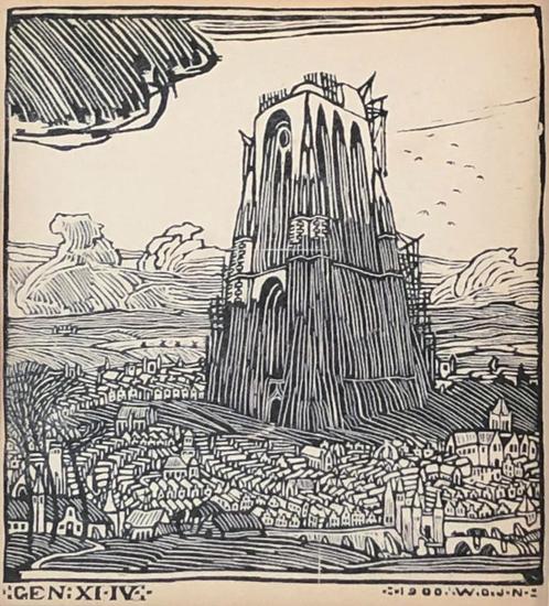 W. O. J. Nieuwenkamp (Amsterdam 1874-1950) Houtsnede 'Toren, Antiek en Kunst, Kunst | Etsen en Gravures, Verzenden