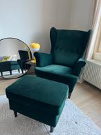 Groene Fluwelen Oorfauteuil met Voetenbankje Ikea STRANDMON, Huis en Inrichting, Ophalen, 75 tot 100 cm, Zo goed als nieuw, 75 tot 100 cm