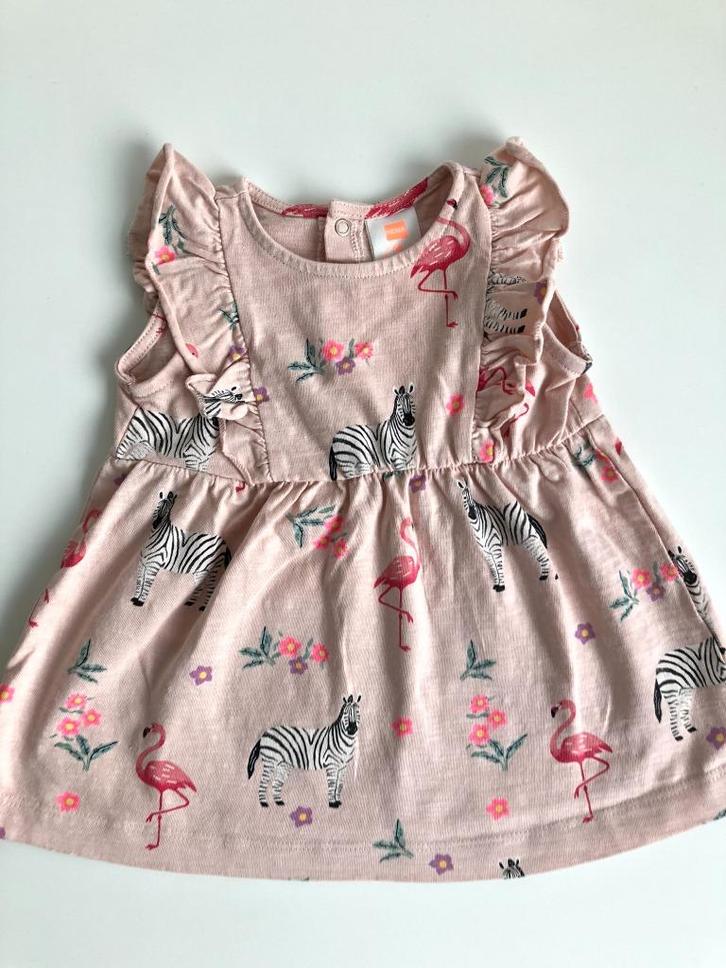 Roze jurkje met zebra's en flamingo's Hema maat 68, Kinderen en Baby's, Babykleding | Maat 68, Zo goed als nieuw, Meisje, Jurkje of Rokje