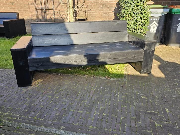 Steigerhouten bank nieuw met leuningen, 220 lang zwart, Tuin en Terras, Tuinbanken, Nieuw, Hout, Ophalen