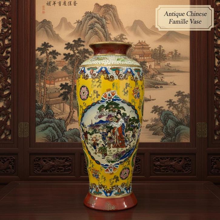 Porseleinen vaas in Famille Jaune stijl  34centimeter hoog, Antiek en Kunst, Antiek | Vazen, Ophalen of Verzenden