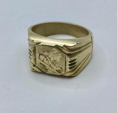 Vintage zegelring heren goud 750 18K gemerkt brons goud, Sieraden, Tassen en Uiterlijk, Antieke sieraden, Ring, Goud, Verzenden