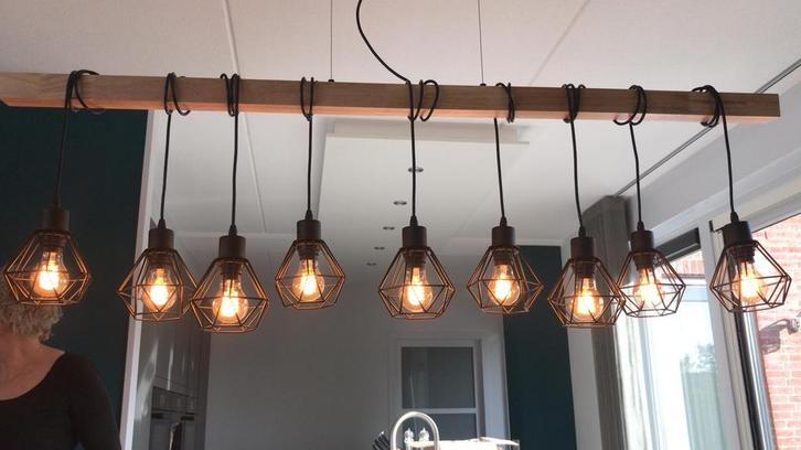 Industriële Hanglamp, Huis en Inrichting, Lampen | Hanglampen, Zo goed als nieuw, 75 cm of meer, Hout, Ophalen