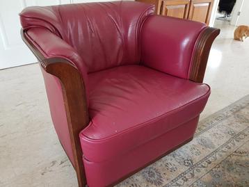 stoel Fauteuil leer wijnrood rood eiken hout leder roskam  beschikbaar voor biedingen