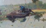 Schilderij No.2 Landschap Bootje Ges. Jan van Dijck Ca. 1930, Ophalen of Verzenden
