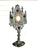 Antieke miniatuur Monstrans reliekhouder tin verguld 11 cm, Antiek en Kunst, Ophalen