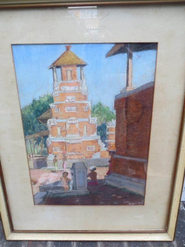 Mooie Aquarel Van Bali Plaatsbepalend fragment, Antiek en Kunst, Kunst | Niet-Westerse kunst, Ophalen of Verzenden