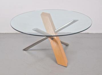 Vintage moderne salontafel hout glas design rond ’90 Italië beschikbaar voor biedingen