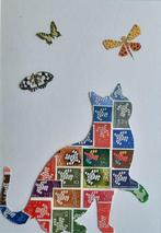 Postzegel kunst KAT met Vlinders, Antiek en Kunst, Kunst | Schilderijen | Klassiek, Ophalen of Verzenden